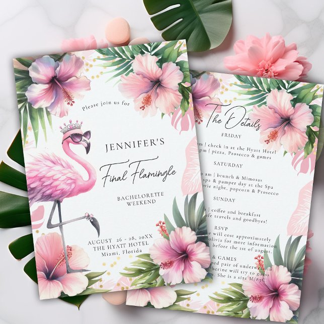 Invitation Flamingle Fun Pink Tropical Bachelorette Itinérair (final flamingle bachelorette party invitation itinerary pink flamingo tropical floral watercolor )