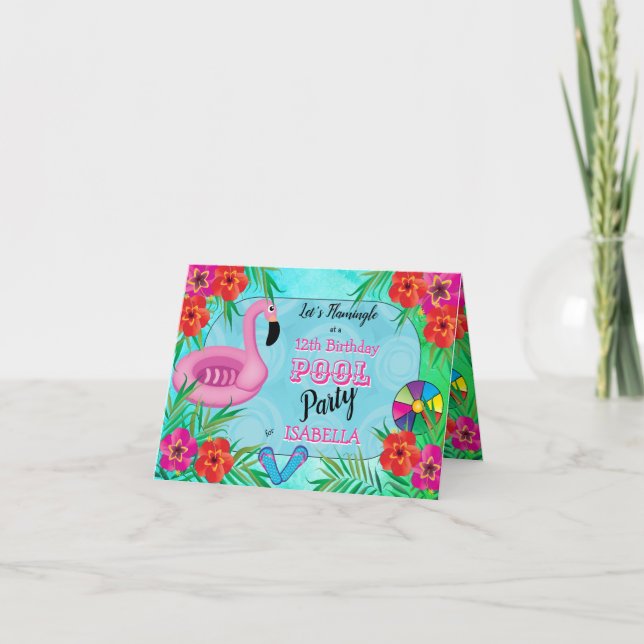 Invitation Flamingle Rose Floral 12ème anniversaire Pool Part (Devant)