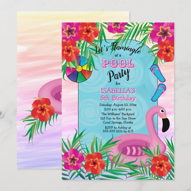 Invitation Flamingle rose Floral 5e anniversaire Pool Party (Devant / Derrière)