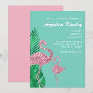Invitation Flamingo et feuilles de palmier à paillettes rose