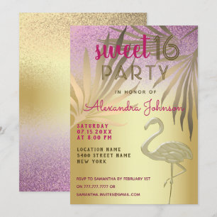 Invitation Flamingo rose et paillettes dorées pour Sweet 16