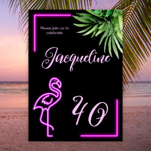 Invitation Flamingo rose néon tropical rétro 40e anniversaire