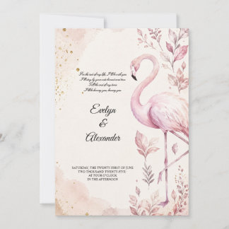 Invitation Flamingo Rose Pâle Aquarelle Or Mariage