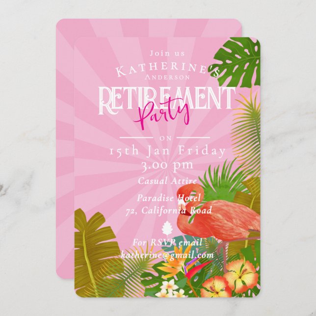 Invitation Flamingo Tropical Pink Retirement  (Devant / Derrière)