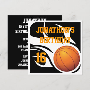 Invitation Flamme Basketball Birthday BW Party