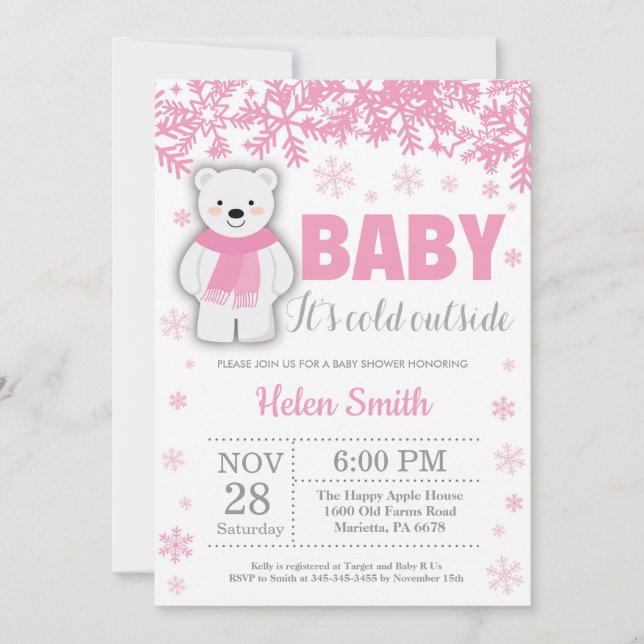 Invitation Flamme de neige Baby shower de la fille rose d'hiv (Devant)