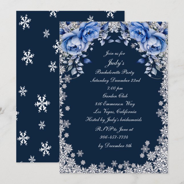 Invitation Flamme de Noël Rose bleue Flocon de neige (Devant / Derrière)