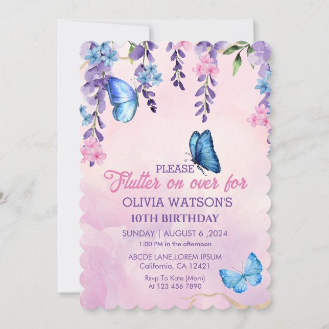 Invitation Flamme florale mignonne sur les papillons Annivers (Devant)