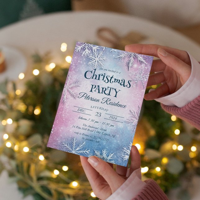 Invitation Flammes de neige blanches Fête de Noël rose et ble (Créateur téléchargé)