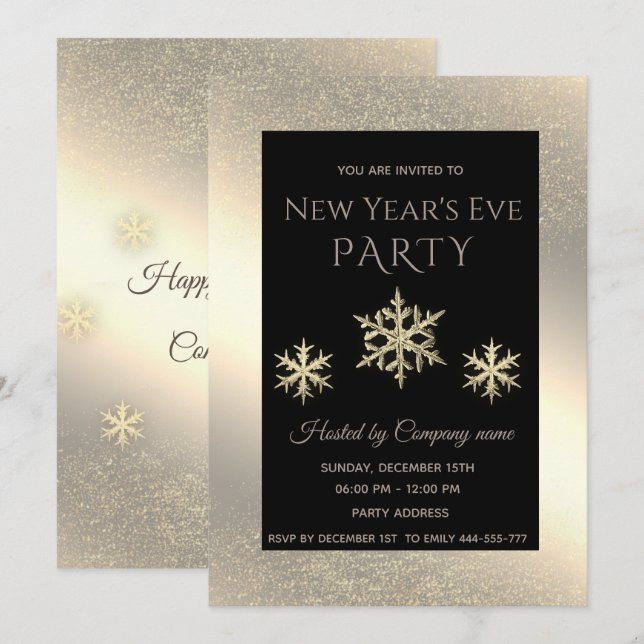 Invitation Flammes de neige de luxe or fête du Nouvel An (Devant / Derrière)