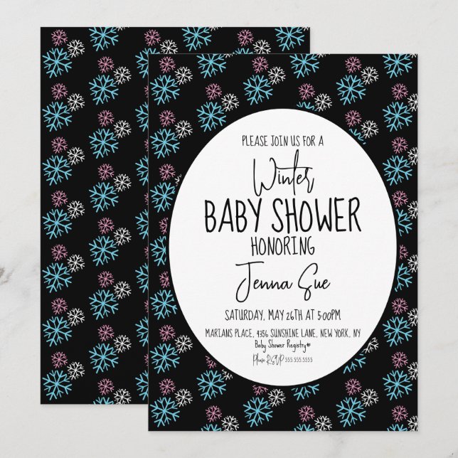 Invitation Flammes de neige d'hiver Baby shower bleu rose noi (Devant / Derrière)