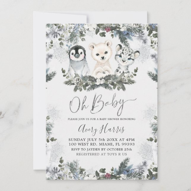 Invitation Flammes de neige en argent Baby shower d'hiver pou (Devant)