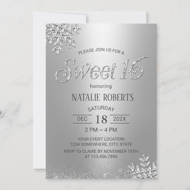 Invitation Flammes de neige en argent moderne hiver Sweet 16  (Devant)