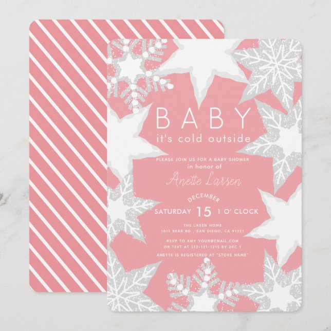 Invitation Flammes de neige givrées Baby shower d'hiver rose (Devant / Derrière)