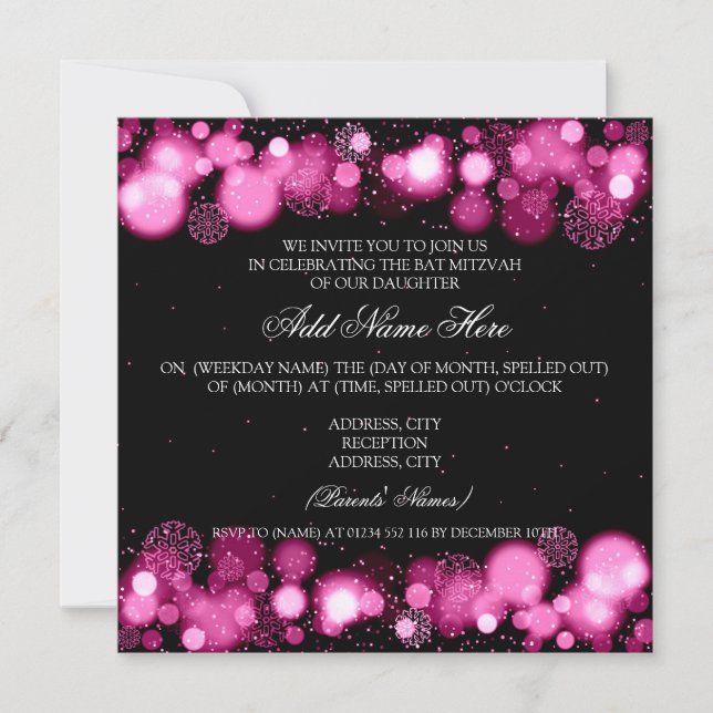 Invitation Flammes de neige rose Bat mitzvah d'hiver (Devant)