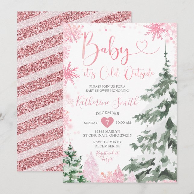 Invitation Flammes de neige roses de la forêt de Baby showers (Devant / Derrière)