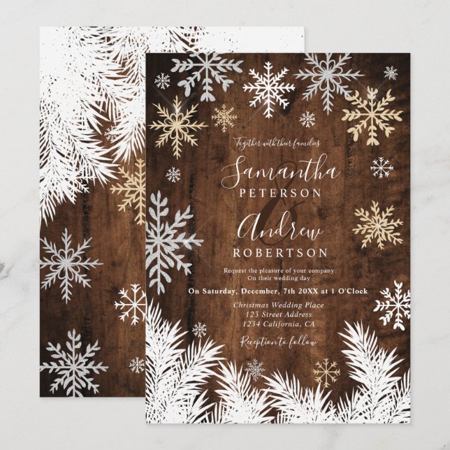 Invitation Flammes de neige rustiques bois hiver mariage de N (Devant / Derrière)
