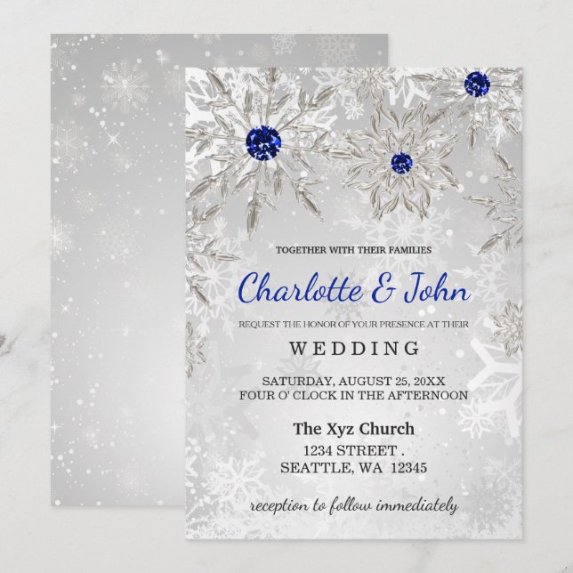 Invitation Flammes de neige Silver Royal Blue Mariage d'hiver (Devant / Derrière)