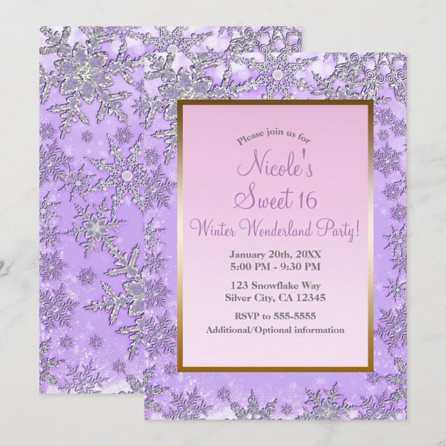 Invitation Flammes de neige violet et rose Hiver Wonderland P (Devant / Derrière)
