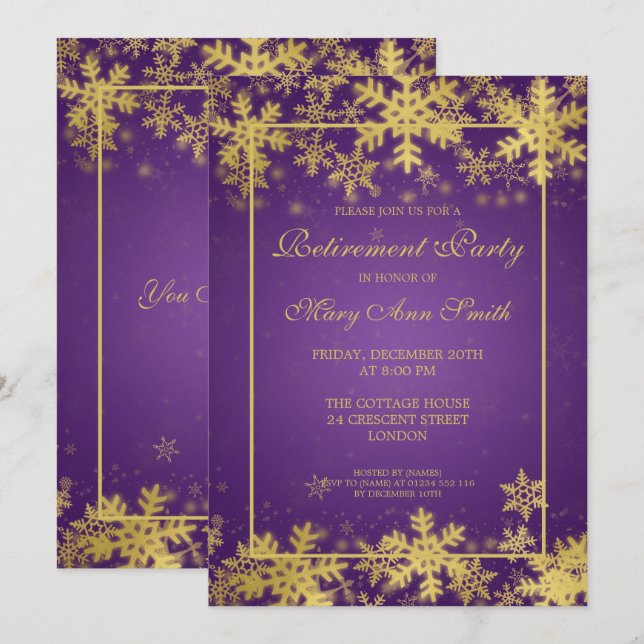 Invitation Flammes de neige violette dorée de la fête de retr (Devant / Derrière)