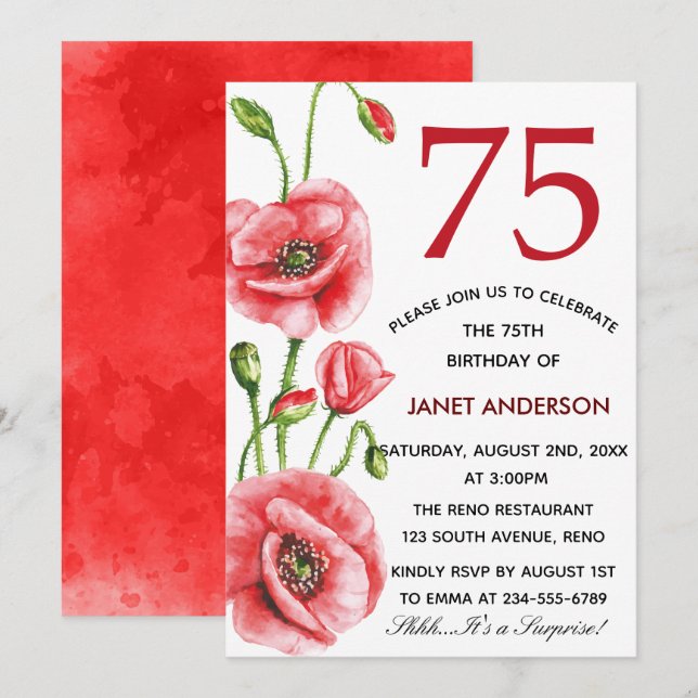 Invitation Flandre Pavot Aquarelle 75e anniversaire fête (Devant / Derrière)