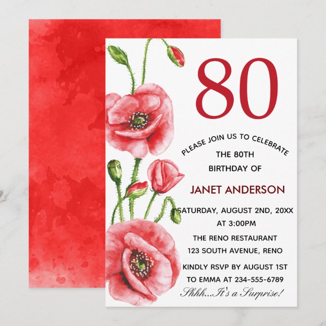 Invitation Flandre Pavot Aquarelle 80e fête d'anniversaire (Devant / Derrière)