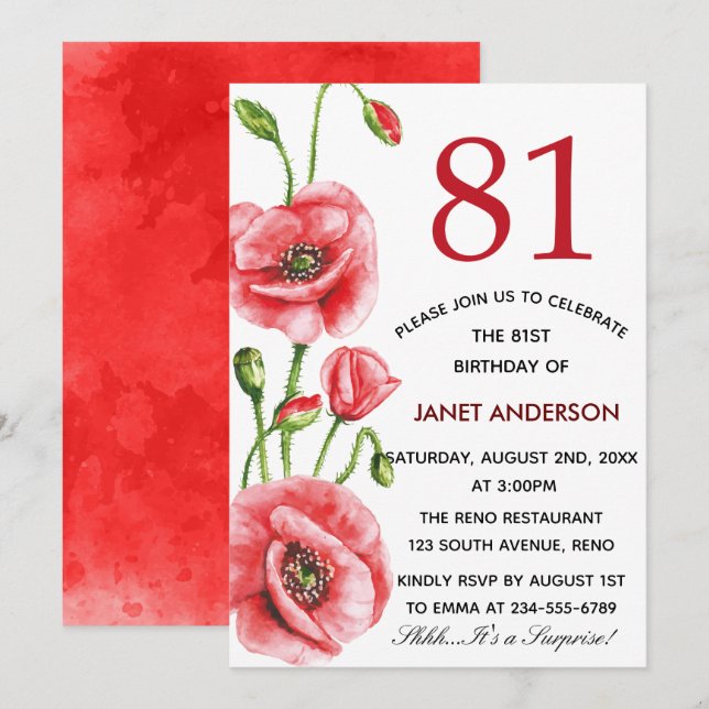 Invitation Flandre Pavot Aquarelle 81e anniversaire (Devant / Derrière)