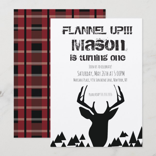 Invitation Flannel Up Plaid Christmas Deer Anniversaire (Devant / Derrière)