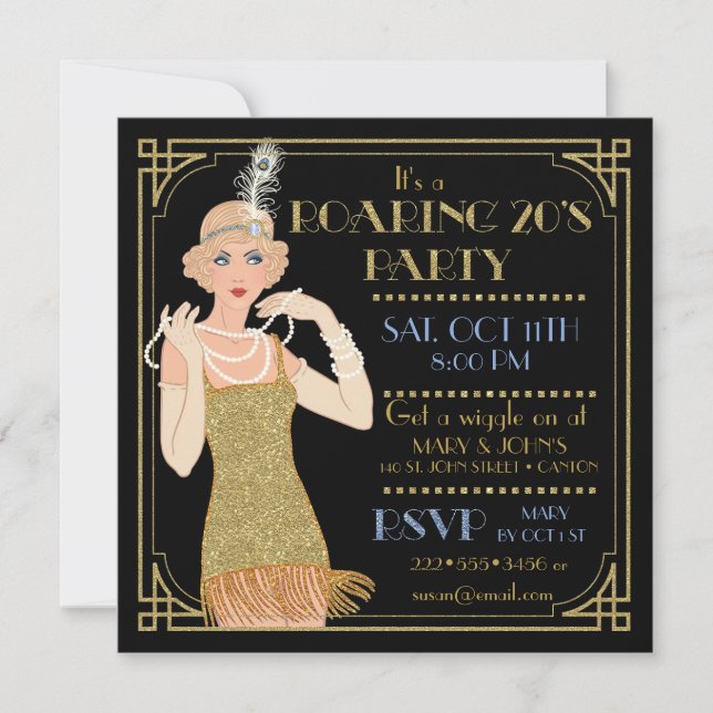 Invitation Flapper Gold Parties scintillant des années 20 Roa (Devant)