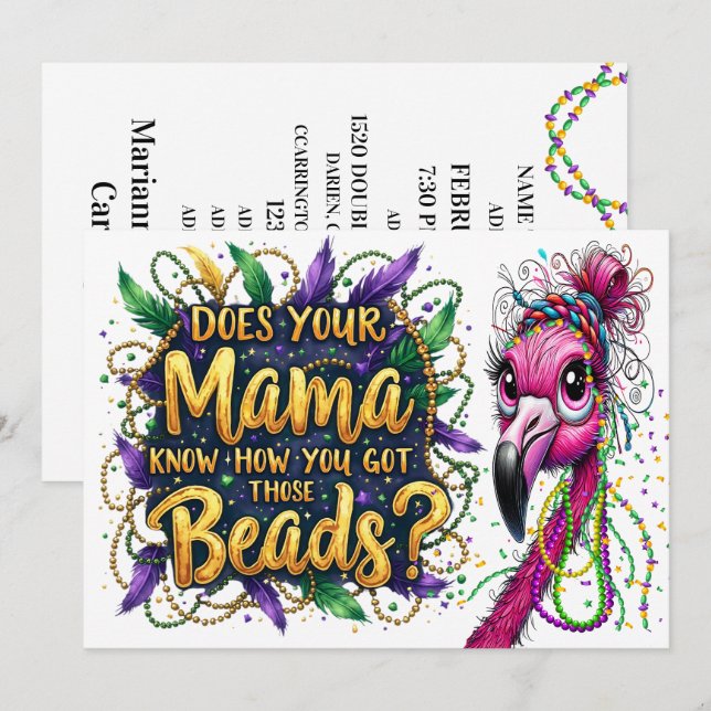 Invitation Flaunty Flamant rose Mardi Gras (Devant / Derrière)