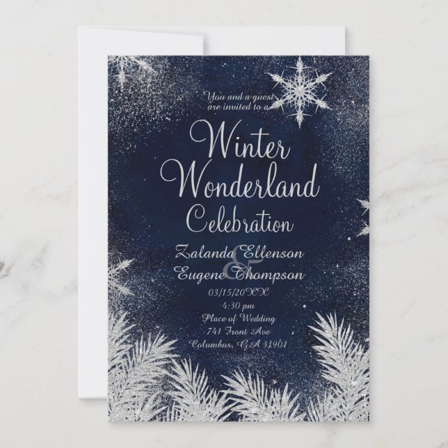 Invitation Fléau de neige bleu argenté mariage hiver merveill (Devant)