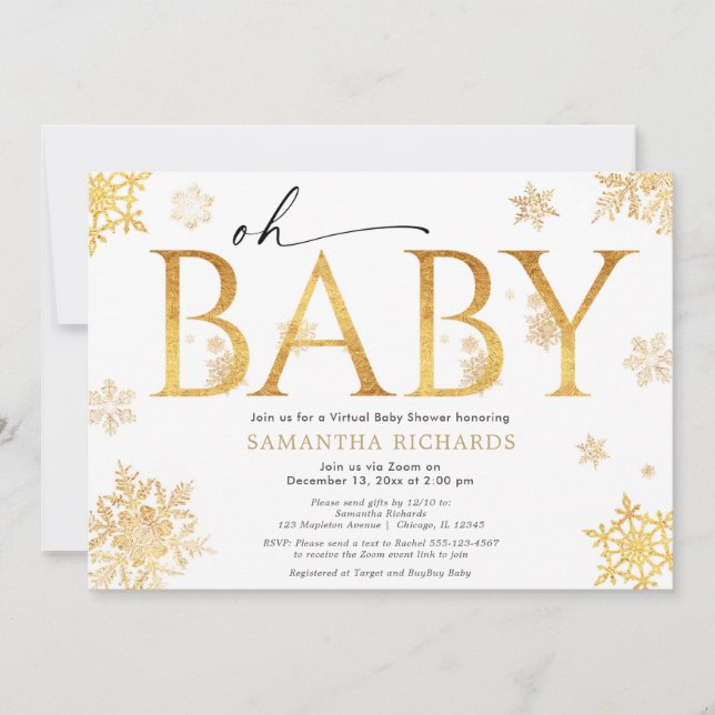 Invitation Fléaux de neige en or baby shower virtuel sans sex (Devant)