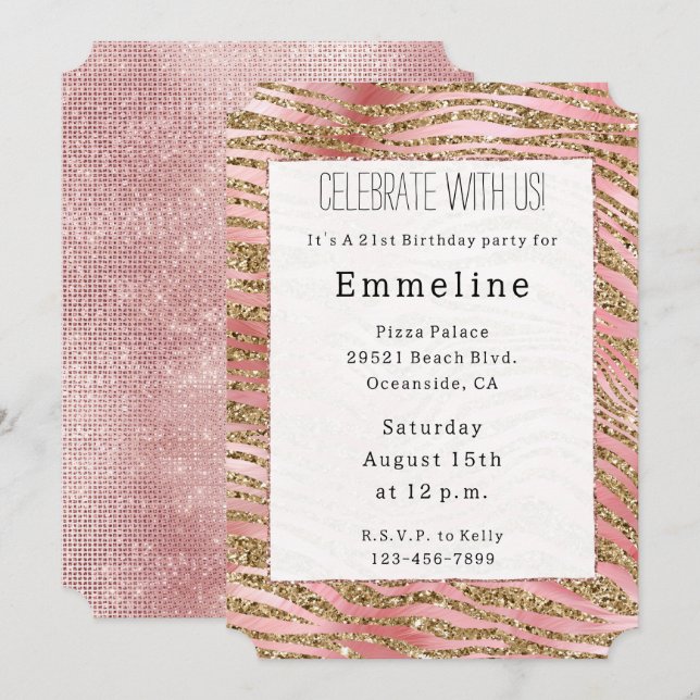 Invitation Flèche rose Parties scintillant Gold Zebra (Devant / Derrière)