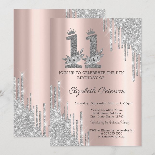 Invitation Flèches d'argent Fleurs Rose Or 11e anniversaire (Devant / Derrière)