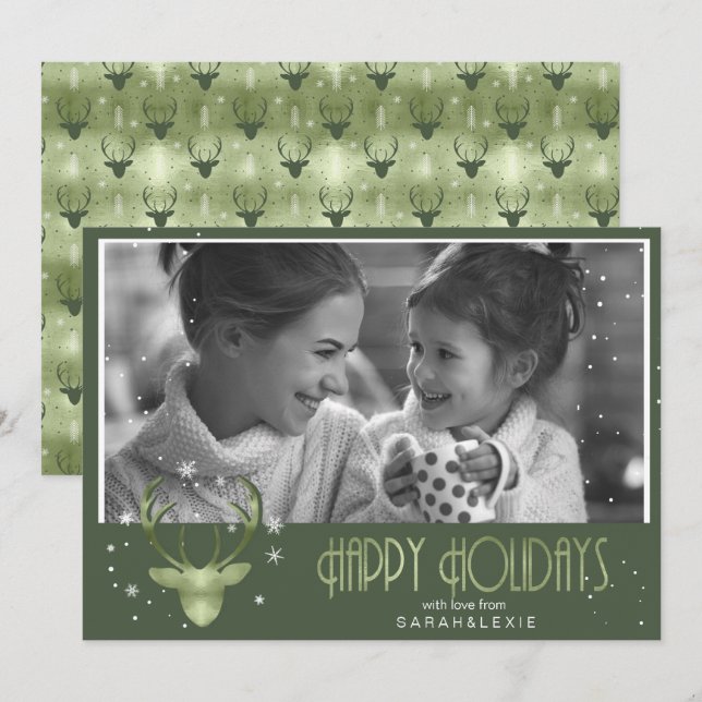 Invitation Flèches de cerfs Antlers Photo de Noël V2 Green ID (Devant / Derrière)
