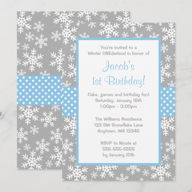 Invitation Flèches de neige bleues et grises Hiver Onederland (Devant / Derrière)