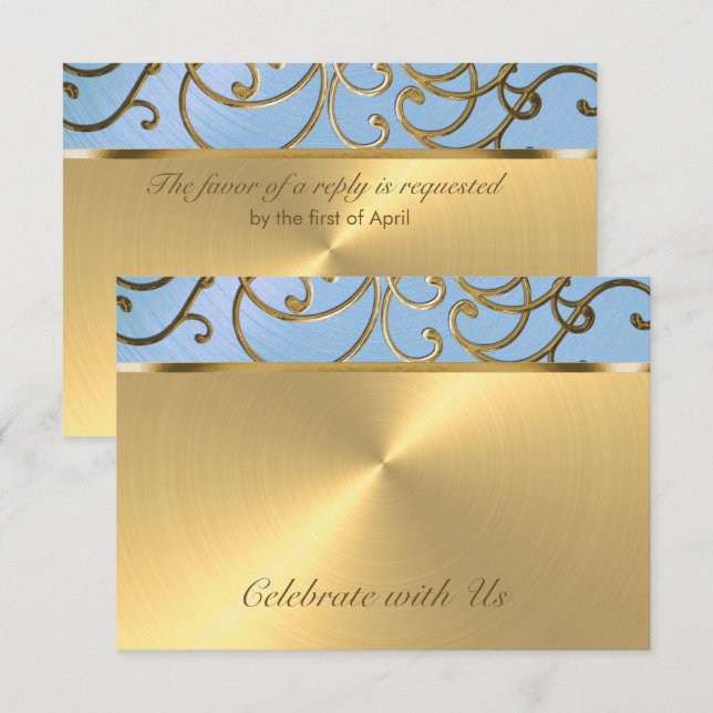 Invitation Flèches Quinceanera Bleu clair et Filigree or (Devant / Derrière)