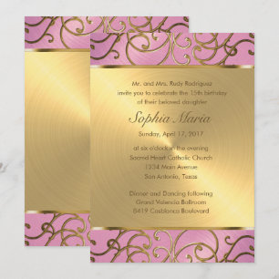 Invitation Flèches Quinceanera Lilac Pink et Gold Filigree
