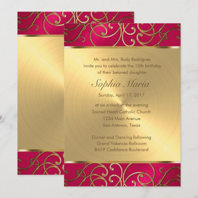 Invitation Flèches Quinceanera Magenta Rose et Filigree Or (Devant / Derrière)