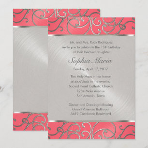 Invitation Flèches quinceanera rose et argent en fibre
