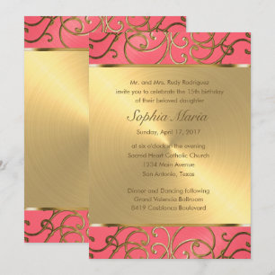 Invitation Flèches quinceanera rose et or en fibre
