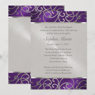 Invitation Flèches quinceanera violet et argent en fibre