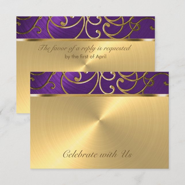 Invitation Flèches quinceanera violet et filigree or (Devant / Derrière)