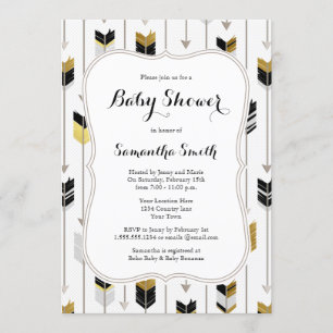 Invitation Flèches tribales Baby shower Black Gold Grey