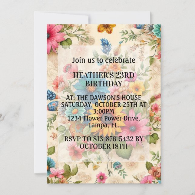 Invitation Fleur Abstraite Retro fête d'anniversaire (Devant)