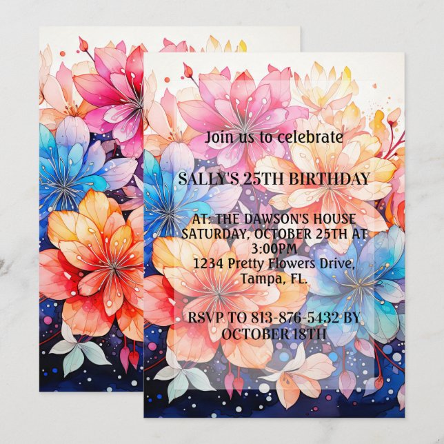 Invitation Fleur Abstraite vibrante fête d'anniversaire (Devant / Derrière)
