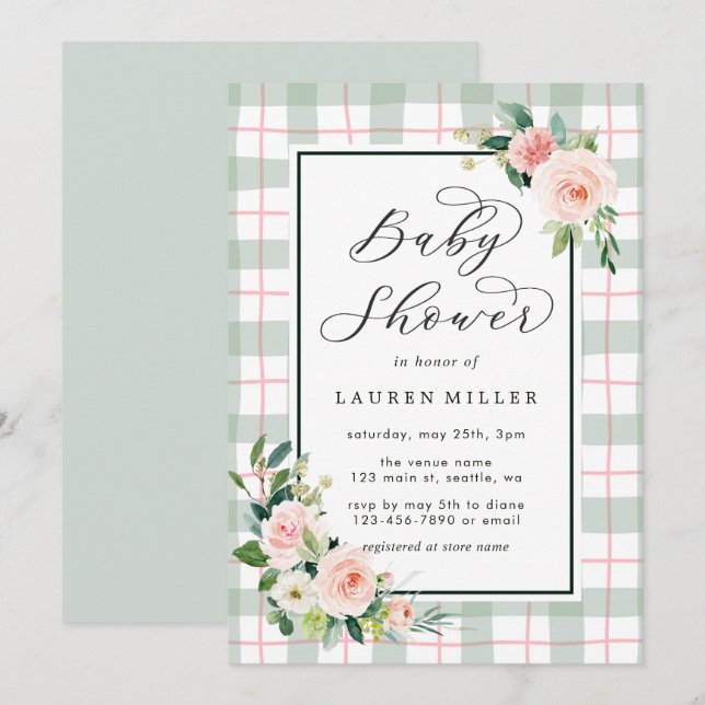 Invitation Fleur aquarelle| Baby shower Pastel Plaid (Devant / Derrière)