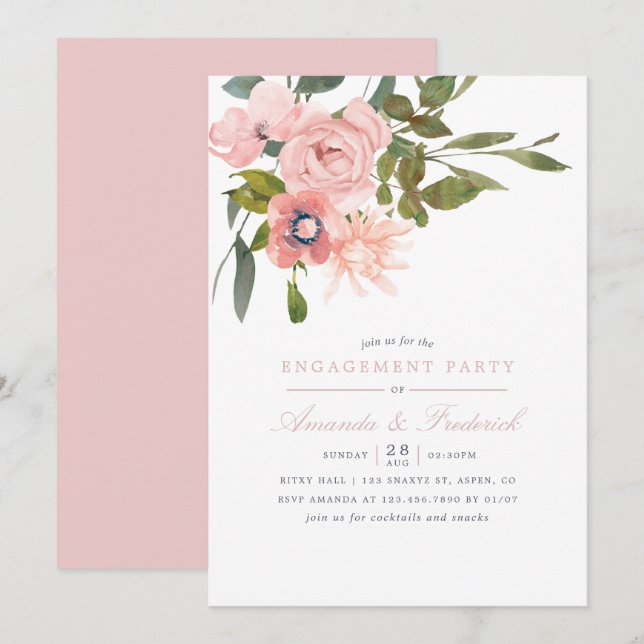 Invitation Fleur aquarelle Blush Pink (Devant / Derrière)