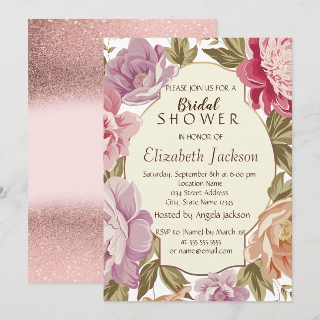 Invitation Fleur aquarelle, Cadre, Fête des mariées de Partie (Devant / Derrière)