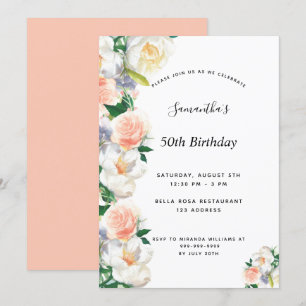 Invitation Fleur aquarelle de fête d'anniversaire corail blan